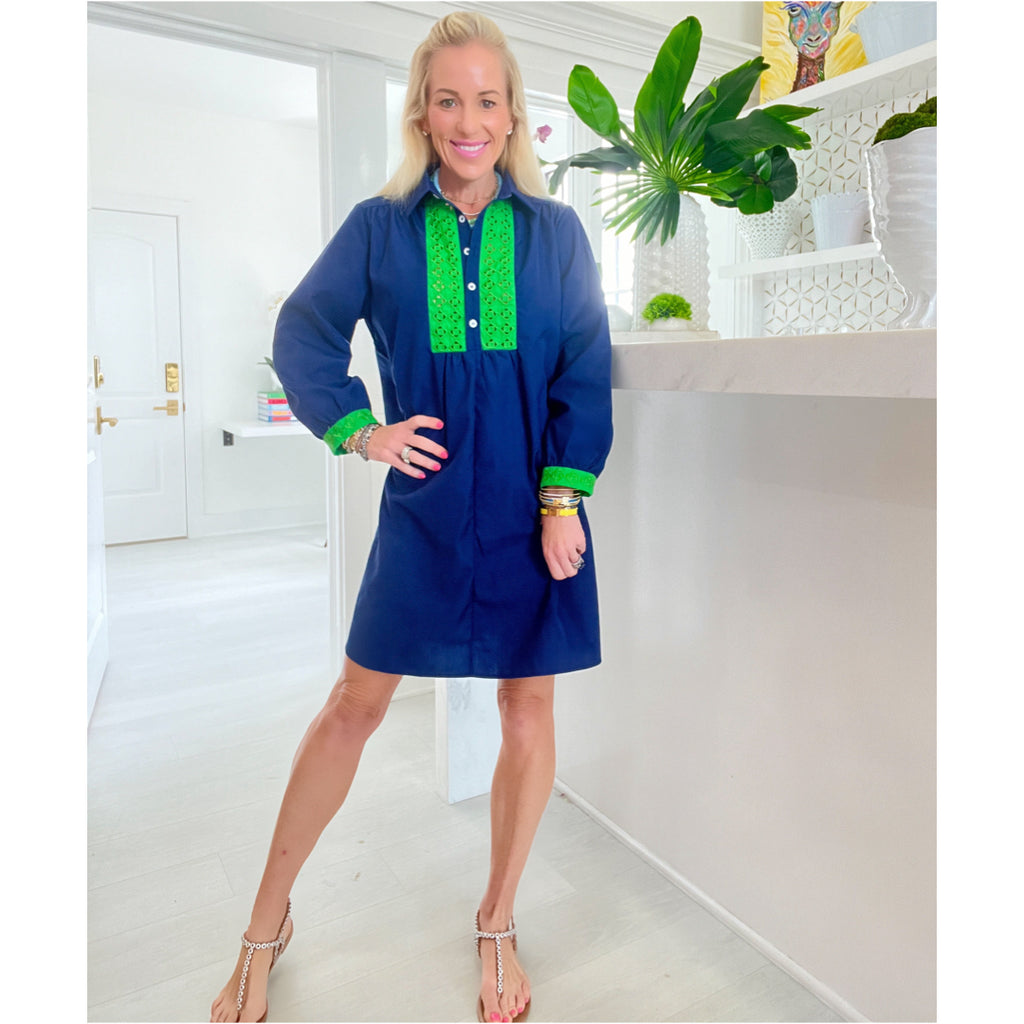 Navy & Green Embroidered Greer Dress - James Ascher Navy & Green Embroidered Greer Dress - James Ascher