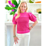 Pink & Red Knit Puff Sleeve Laguna Top