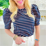Navy & PINK Pinched Puff Sleeve Dahlia Top