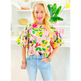 Pink Bubble Sleeve Fruity Top w/Keyhole Back