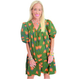 Green Beaded Button Cotton Tulip Dress