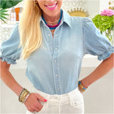 Light Wash Ruffled Puff Sleeve Denim Ina Top