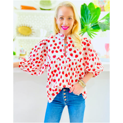 Ruffle Neck Strawberry Block Print Cotton Fields Top