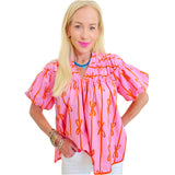 Pink & Orange Bow Print Cotton Hilton Top