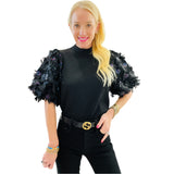 Black Floral Textured Puff Sleeve Hampton Top
