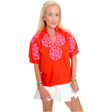 Orange & Pink Embroidered Ruffle Neck Pearl Top