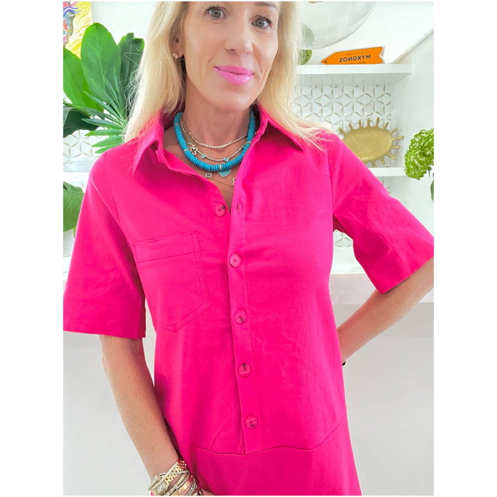 Hot Pink Button Front Allie Dress - James Ascher Hot Pink Button Front Allie Dress - James Ascher