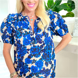 Blue Ruffle Trim Cotton Hilly Top