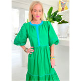 Green & Turquoise Trim Cotton Sadie Dress