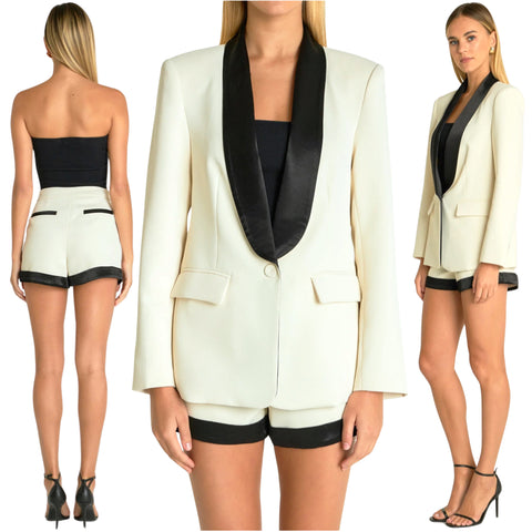 Ivory + Black Satin Contrast Milly Blazer & Shorts (sold separately)