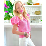 Pink Ruffle Neck Pinstripe Everly Top