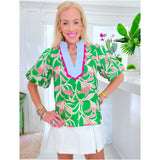 Green & Pink Scalloped Neckline Breakers Top