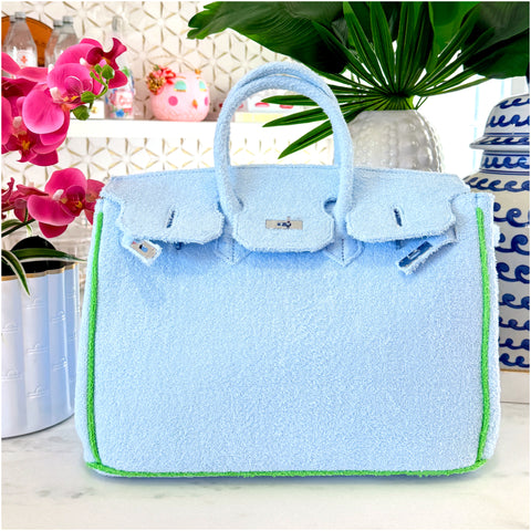 16” Blue + Green Trim Terry Seychelles Tote w/ Optional Shoulder Strap