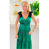 Emerald Liquid Satin w/ VELVET BOWS Cannes Dress