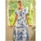 Blue Toile Smocked Waist Janson Dress w/Blue Piping