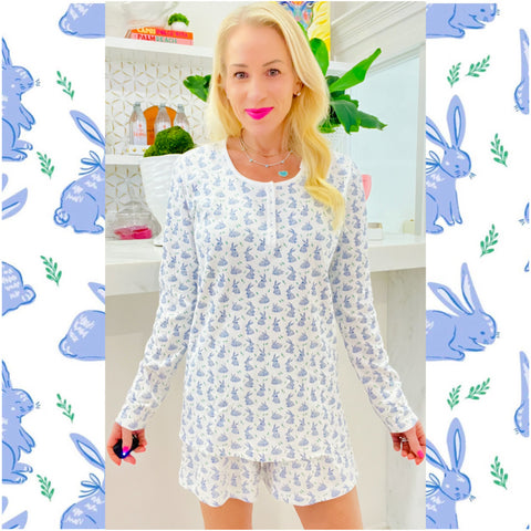 Pima Cotton Blue Bunny Pajama Short Set