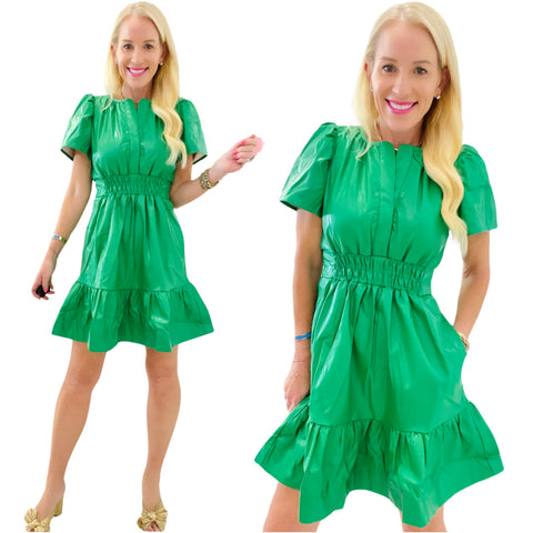 Happy Green Vegan Leather Ruffle Hem Rocha Dress