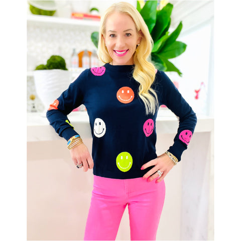 Navy Smiley Face Fine Knit Sweater
