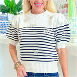 Navy & Off White Rhinestone Bow Reece Sweater