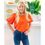 Pink & Orange Puff Sleeve Kane Top