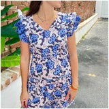 Block Print Layered Ruffle Cotton Button Front Charlotte Dress with Adjustable Waist