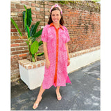 Pink & Orange Eyelet Ruffle Button Front Lincoln Dress with Linen Collar Contrast