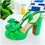 Green Rose Bow Block Heels