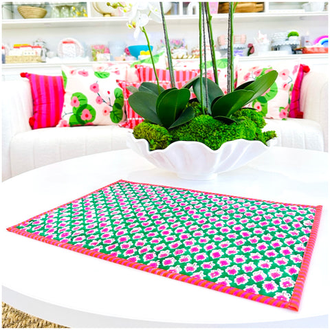 Beatrice Quilted Placemats & Dinner Napkins, and Stocking with Tassels/Poms + Scalloped Tree Skirt