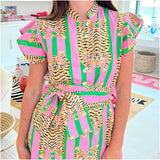 Poppy Pink & Green Tiger Block Print Naomie Dress with Optional Belt