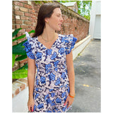 Block Print Layered Ruffle Cotton Button Front Charlotte Dress with Adjustable Waist