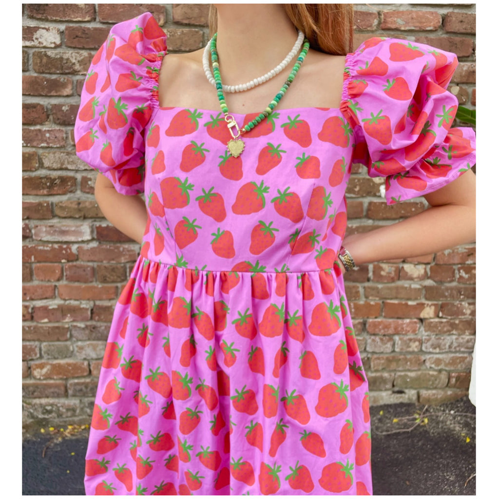 Strawberry Cotton Poplin Small Batch Sophie Dress, Handmade in the UK - James Ascher Strawberry Cotton Poplin Small Batch Sophie Dress, Handmade in the UK - James Ascher