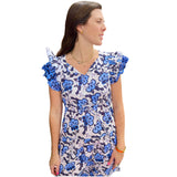 Block Print Layered Ruffle Cotton Button Front Charlotte Dress with Adjustable Waist