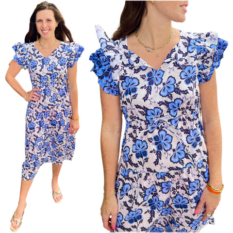 Block Print Layered Ruffle Cotton Button Front Charlotte Dress with Adjustable Waist