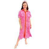 Pink & Orange Eyelet Ruffle Button Front Lincoln Dress with Linen Collar Contrast