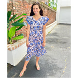 Block Print Layered Ruffle Cotton Button Front Charlotte Dress with Adjustable Waist