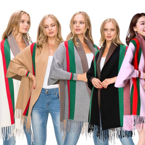 Faux Cashmere Red & Green Stripe Poncho Shawls in Pink, Black, Tan, Grey & Ivory