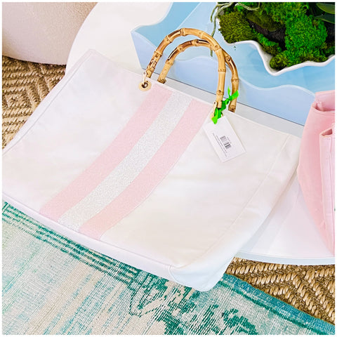 White & Pink Bamboo Handle Bag