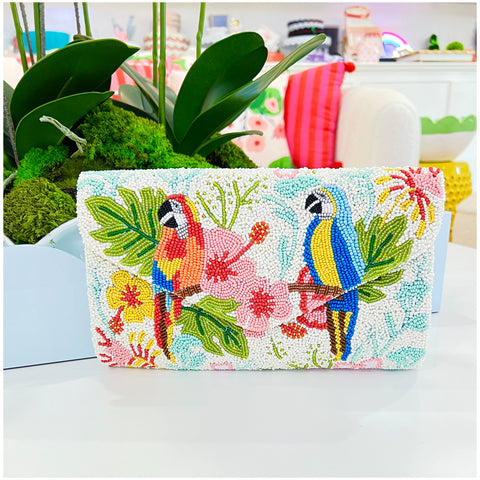 Hand Beaded Multicolor Parrot Clutch
