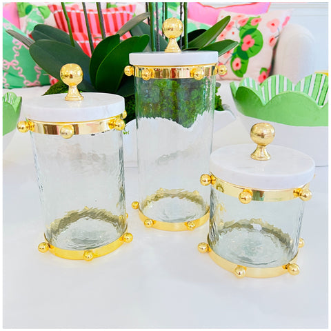 Marble & Hammered Glass Canisters with Gold Ball Detail
