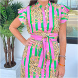 Poppy Pink & Green Tiger Block Print Naomie Dress with Optional Belt