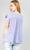 Blue Stripe Vibrantly Embroidered Short Sleeve Peasant Top