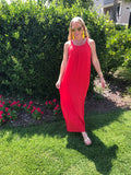 Tomato Red OR Black Maxi Dress with Pleated Front & Beautiful SHEEN!