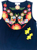 Navy Sleeveless Embroidered Birds Top