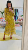 Marigold & METALLIC GOLD Floral Maxi Dress with Ruffle Neck
