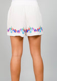 White Floral Embroidered Elastic Waist Shorts with Front Pockets