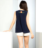 Navy Sleeveless Embroidered Birds Top