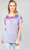 Blue Stripe Vibrantly Embroidered Short Sleeve Peasant Top