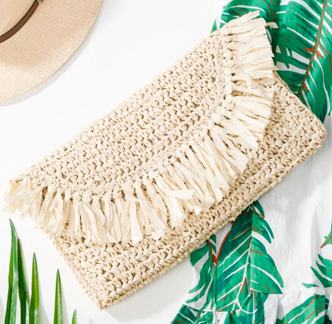 Straw Raffia Fringe Clutch