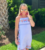 Blue Stripe Embroidered Birds of Paradise Shift Dress with Hot Pink Back Tassel Tie