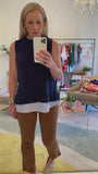 Navy Knit Sleeveless Sweater with Blue Poplin Shirttail Contrast & Pleated Back